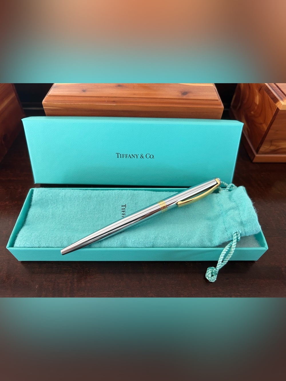 Tiffany & Co. Silver Ruthenium ballpoint pen with gold T clip and band